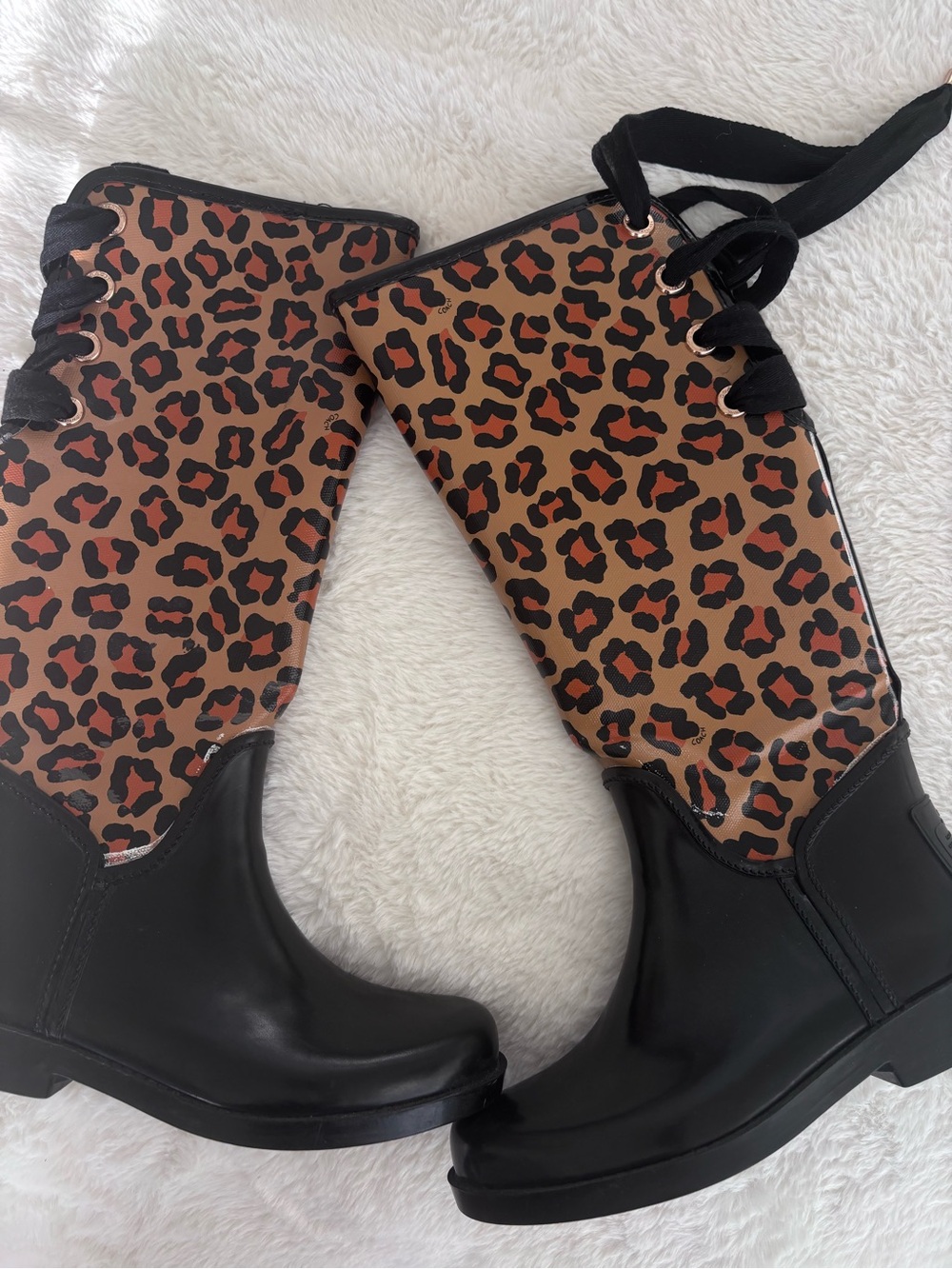 Coach Leopard Print Lace-Up Rain Boots - Black and Brown